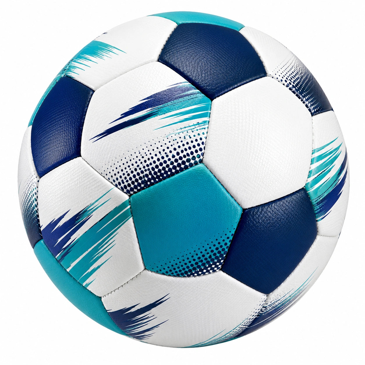 Ballon de football taille 5 bleu, blanc et turquoise